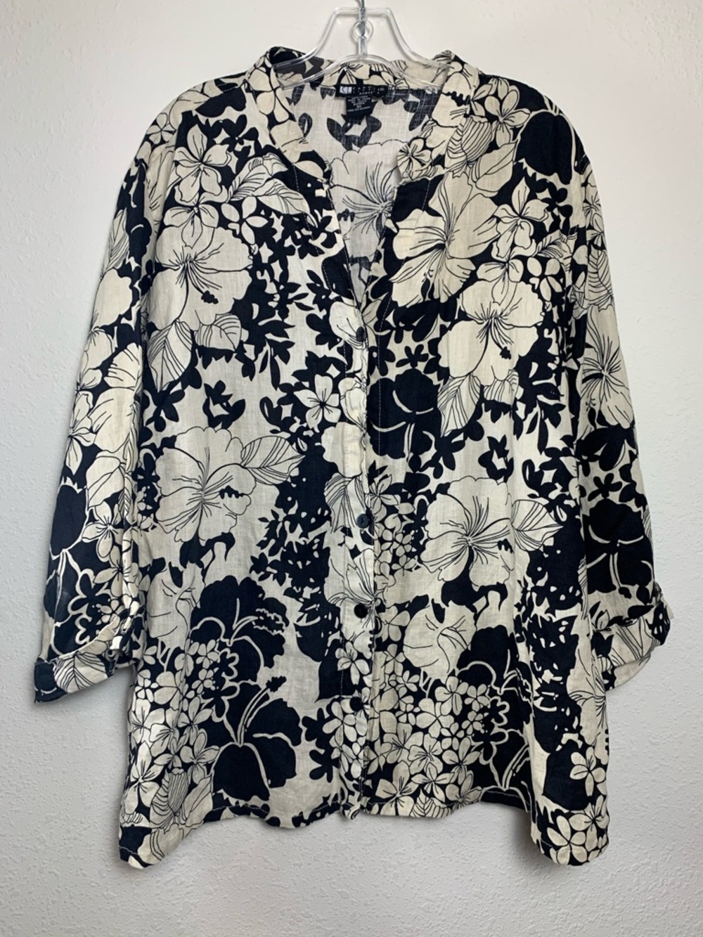 Carole Little Black and Cream Floral Button-Up Blouse 3X Linen